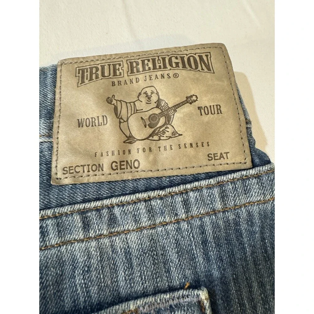 TRUE RELIGION Jeans Mens 44X33 Med Blue Wash Geno Pinstripe Straight Leg